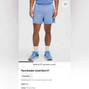 Lululemon men’s pace breaker lined shorts 5”